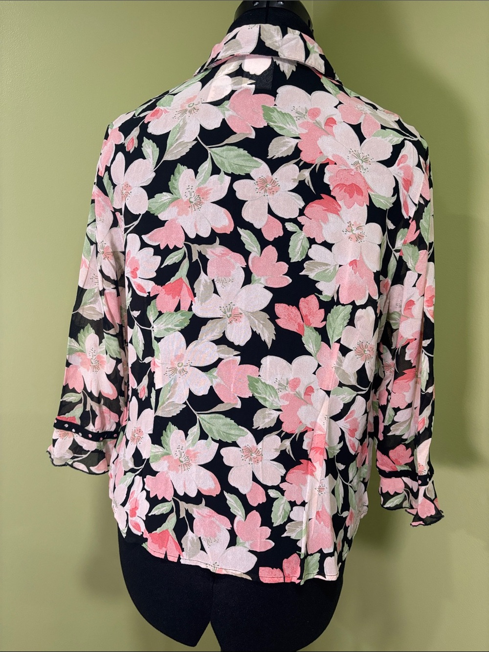 100% Rayon Women's Black Floral Button-Front Blouse - Pink Floral - Picture 3 of 6